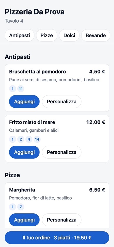 Il menu di una pizzeria di prova sul telefono del commensale: piatti con prezzi e numeri degli allergeni, e in basso il suo ordine con il totale.